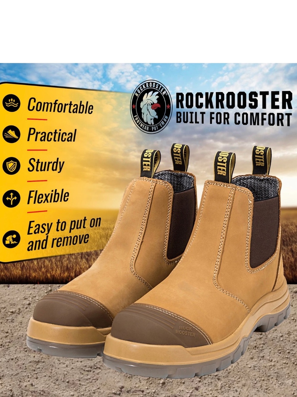 ROCKEOOSTER Wide men working boots with steel toes size 11.5 slide In.